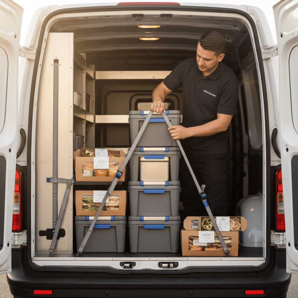 Professional catering delivery setup with insulated containers