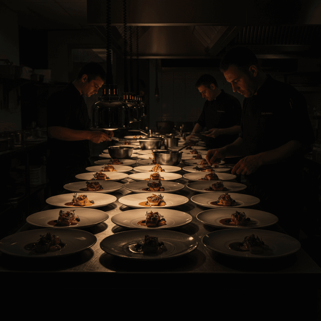 Catering kitchen with prepared dishes ready for service