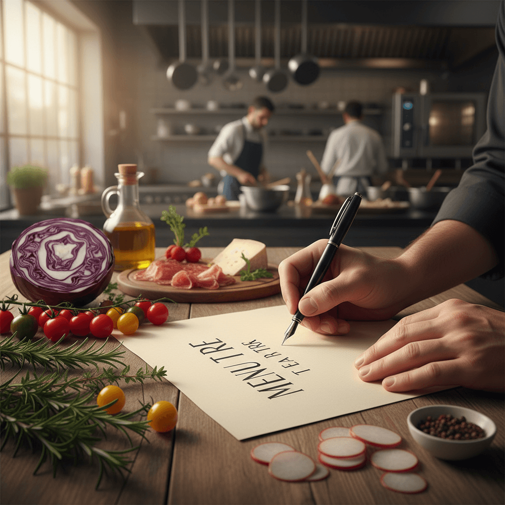 Chef customizing catering menu with fresh ingredients