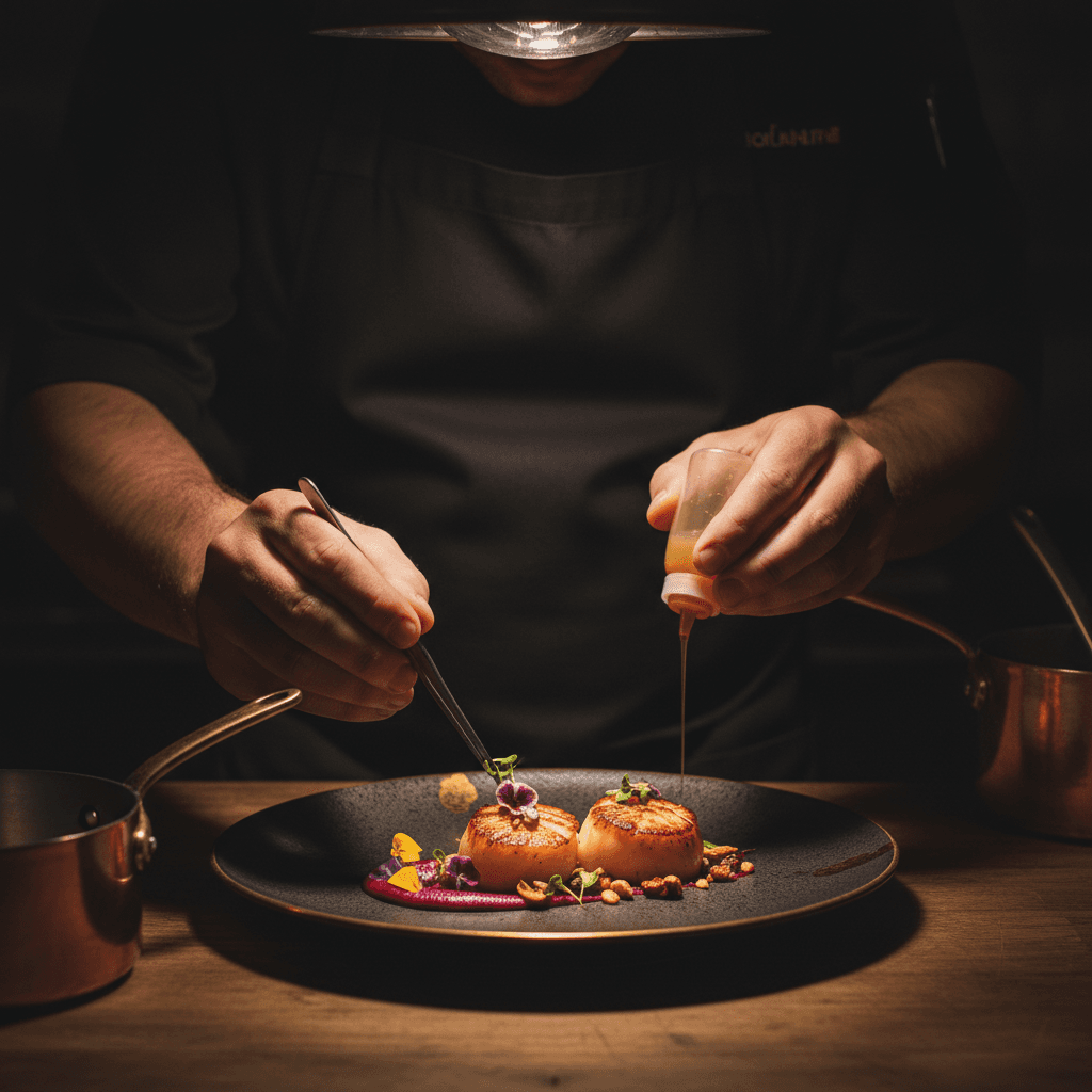 Chef plating a catered dish with precision