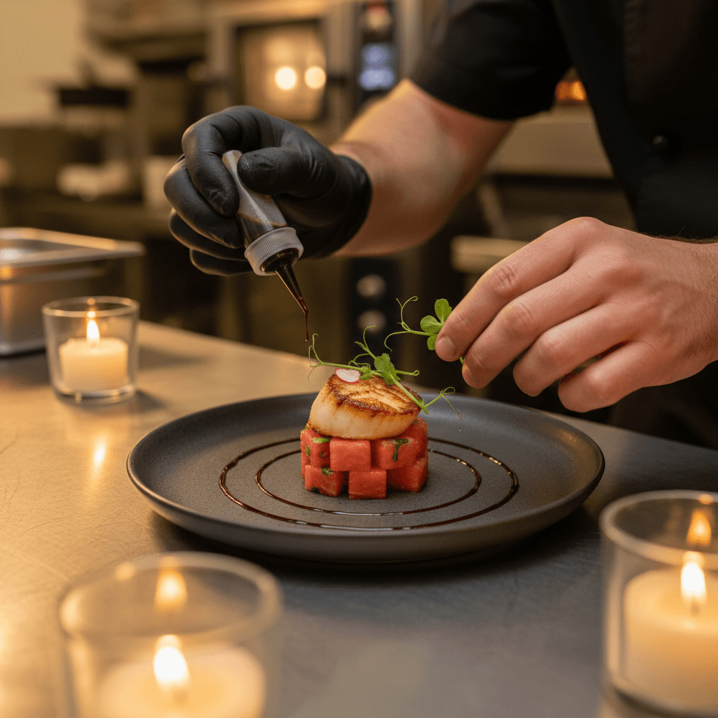 Chef plating an elegant appetizer with precision