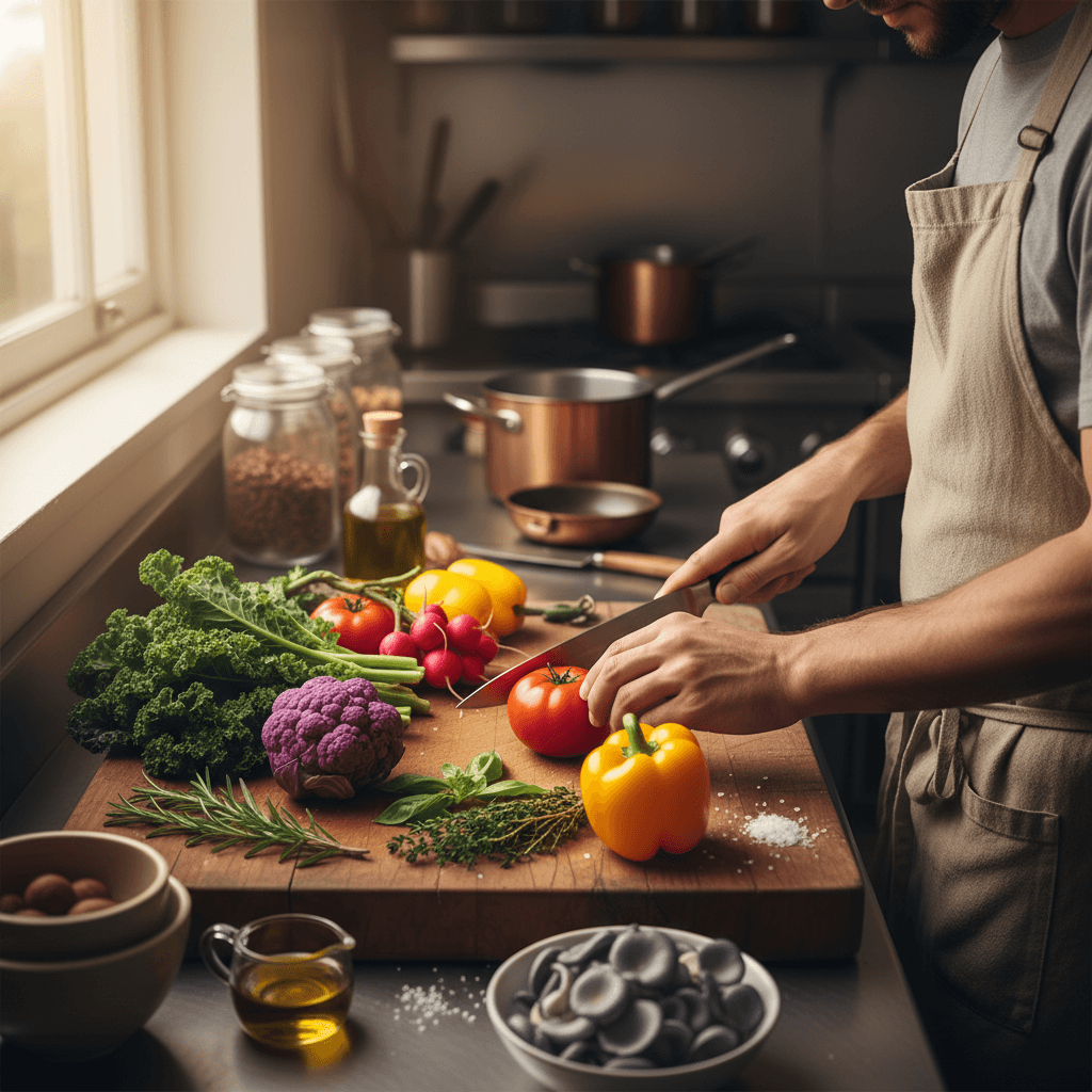 Chef preparing fresh ingredients for customized catering menu