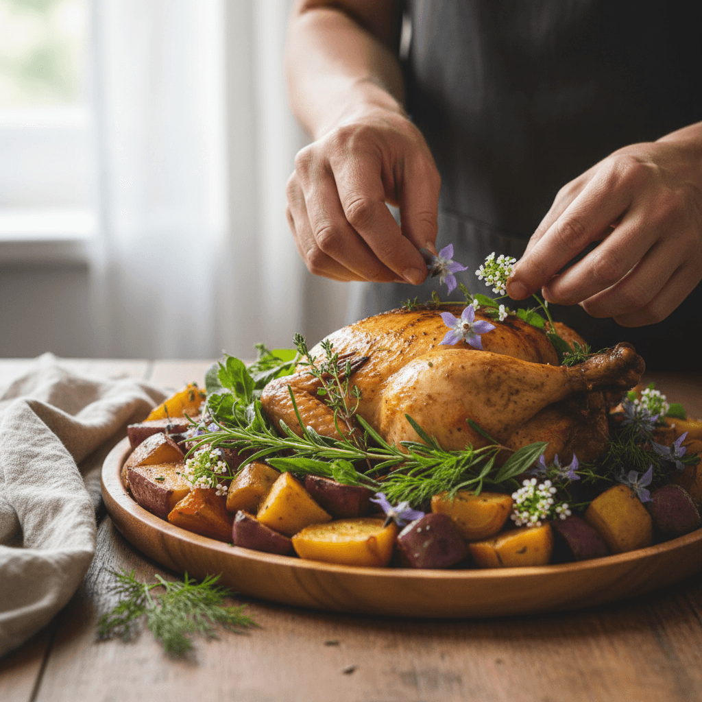 Chef garnishing a serving platter with fresh herbs