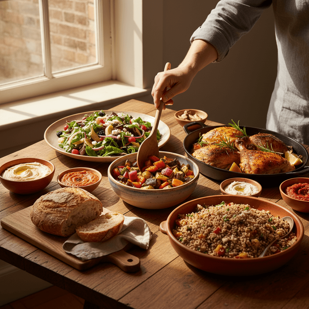 Family-style catering spread with generous servings