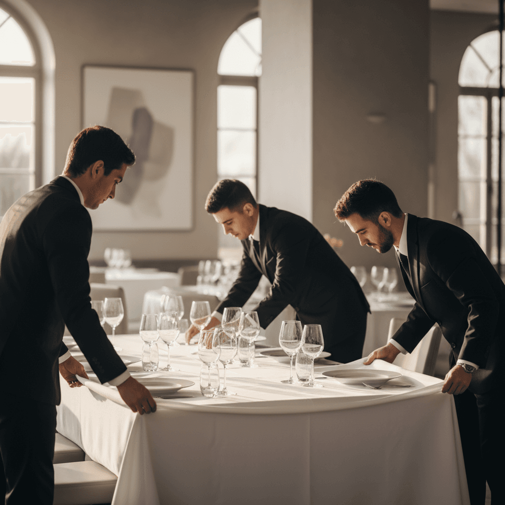 Professional catering staff setting up elegant table service for event