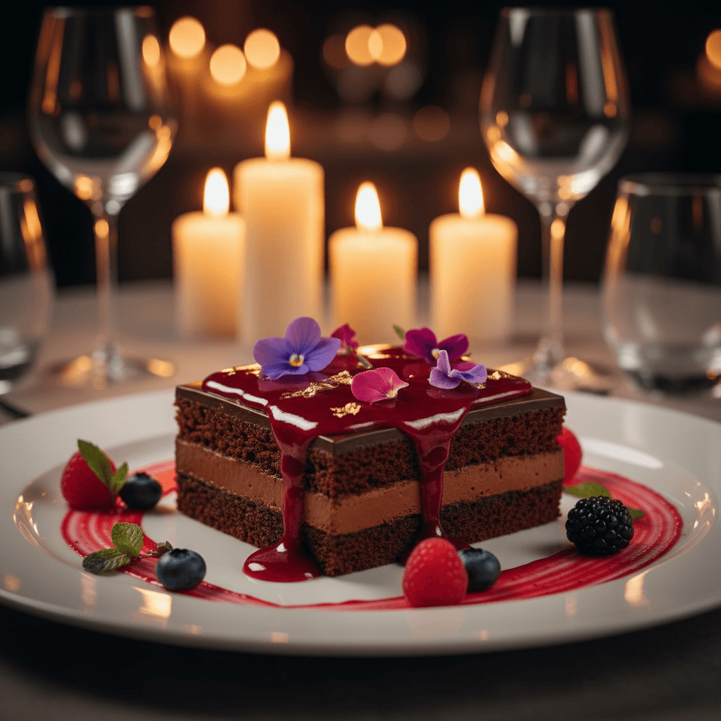 Chocolate torte with berry coulis and gold leaf