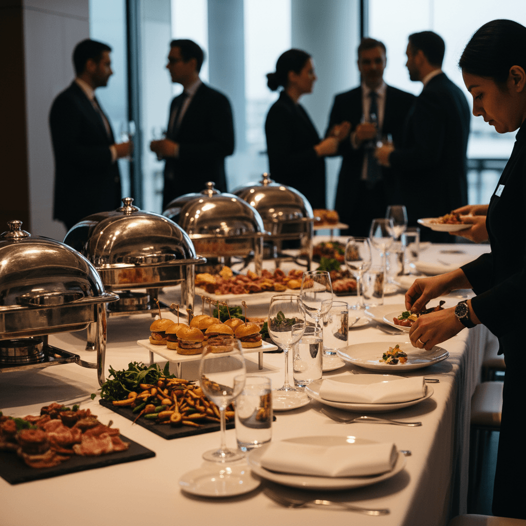 Corporate catering setup with professionally arranged food and serving stations
