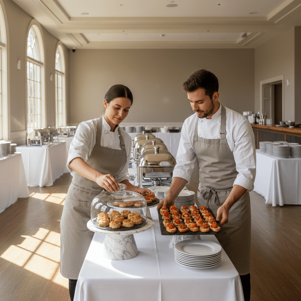 Catering team setting up event service