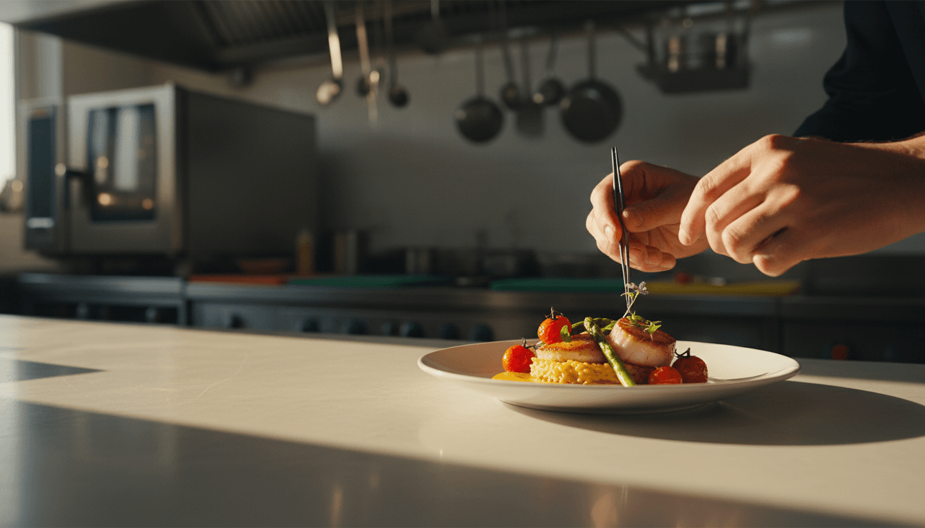 Professional caterer carefully plating a gourmet dish with precision and attention to detail