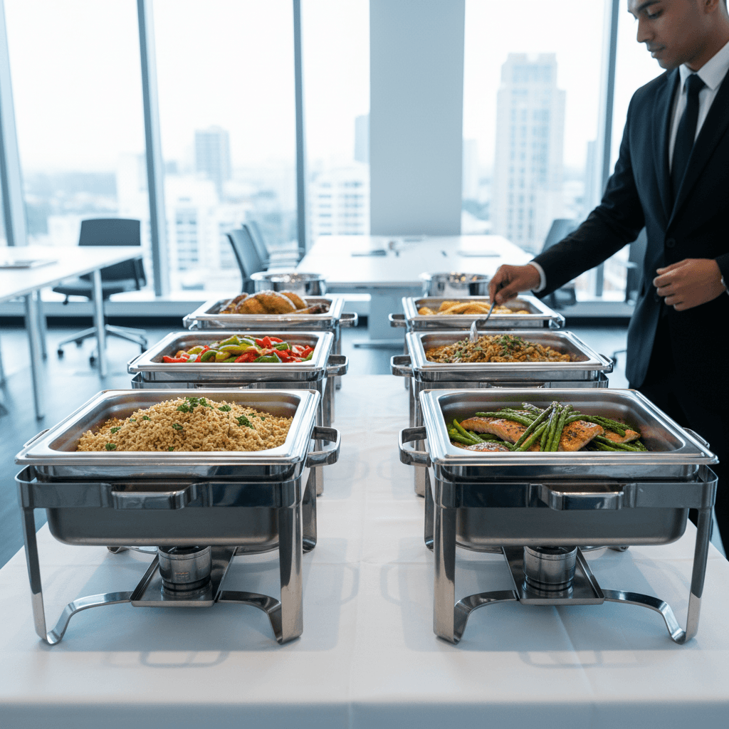 Corporate event catering setup with professional food stations