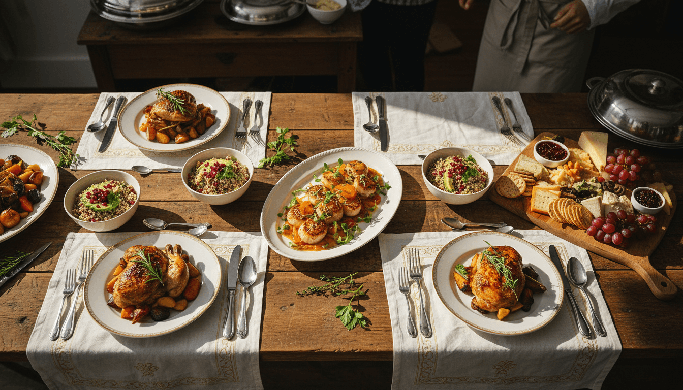 Professional catered plates elegantly arranged on rustic wooden table with fine linens and serving elements