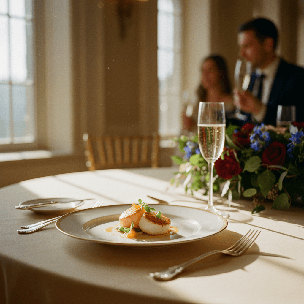 Elegantly plated wedding catering dish with fine dining presentation