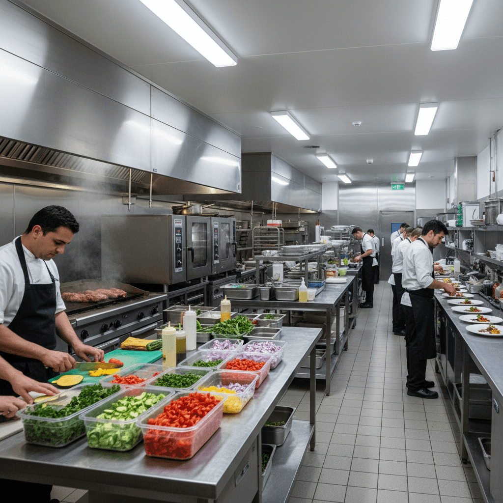 Professional catering kitchen in full event preparation