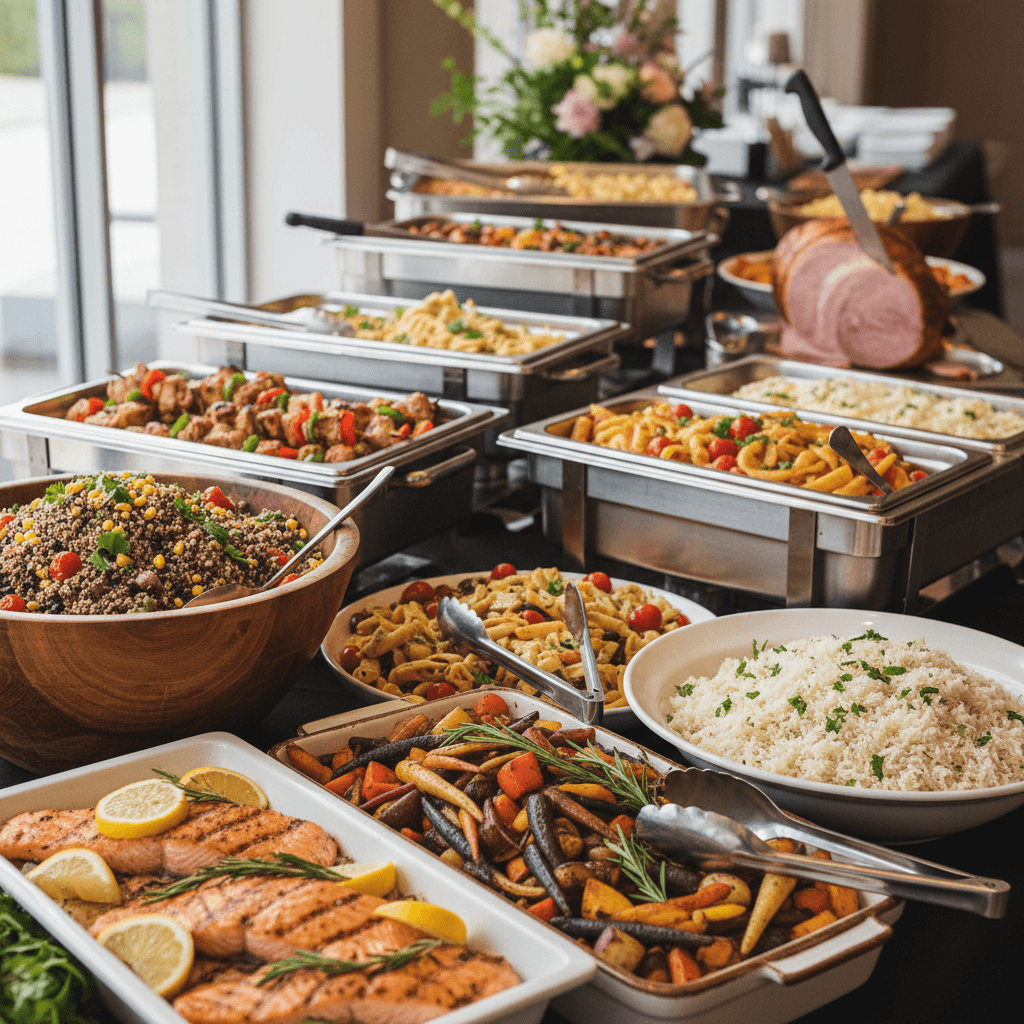 Colorful buffet spread of catered dishes and selections
