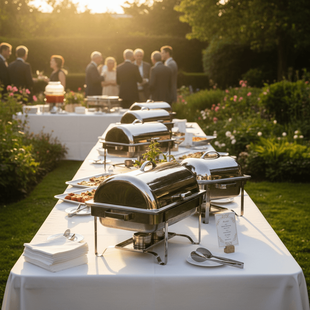 Full catering spread at an outdoor garden event