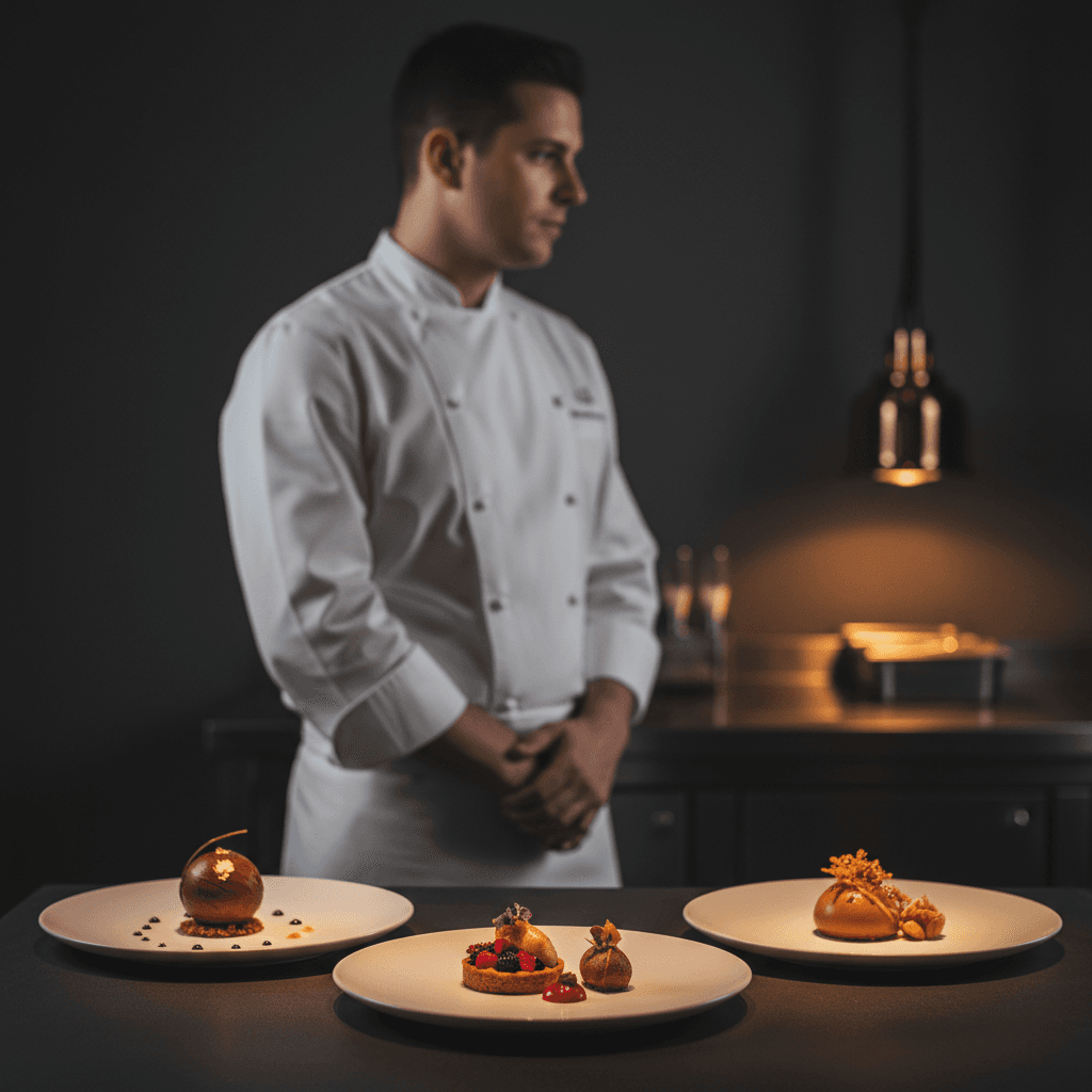 Professional chef with elegant plated desserts