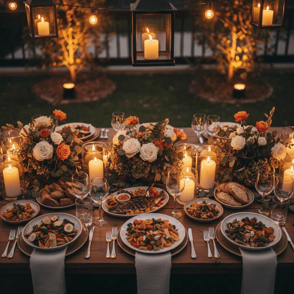 Outdoor catered event table set for dinner service