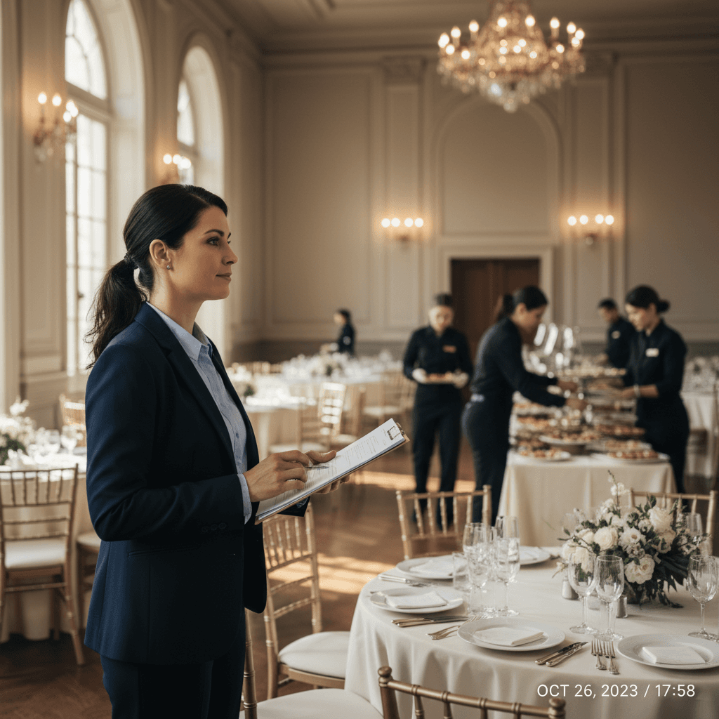 Event coordinator overseeing catering setup and final preparations