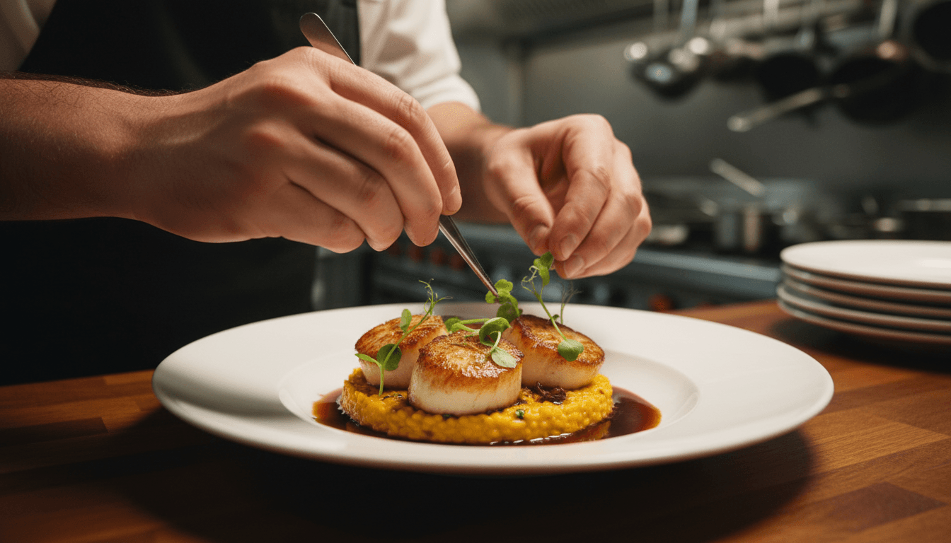 Chef carefully plating an elegant catered dish with fresh ingredients and professional garnish